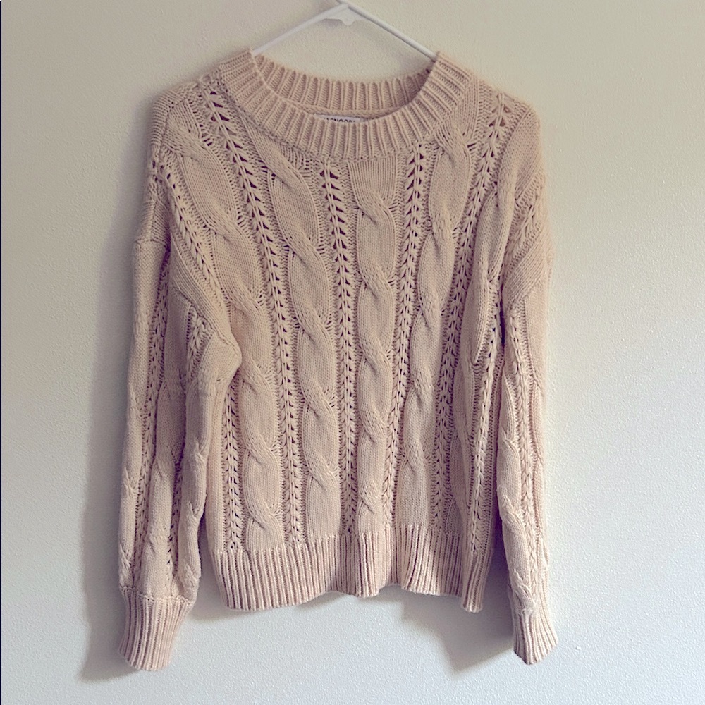 Cozy Cream Cable Knit Ribbed Collar, Cuffs and Hem Crew Neck Sweater ...Small
